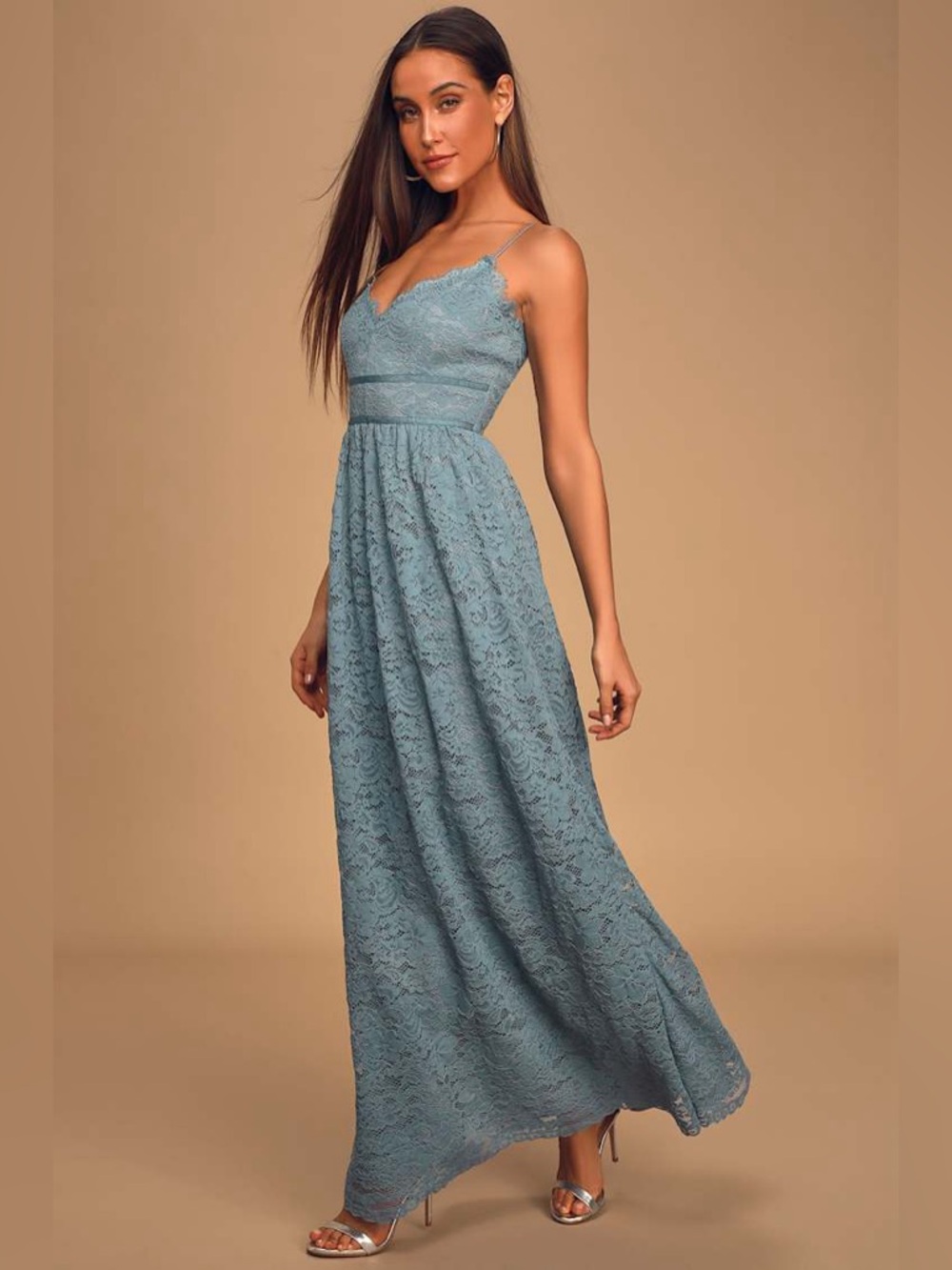 Lulus Made For Each Other Slate Blue Lace Maxi Dress S NWT Ethereal Wedding Line